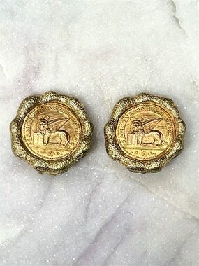 Nettie Rosenstein Vintage Lion of Saint Mark Gold Tone Coin Clip On Earrings